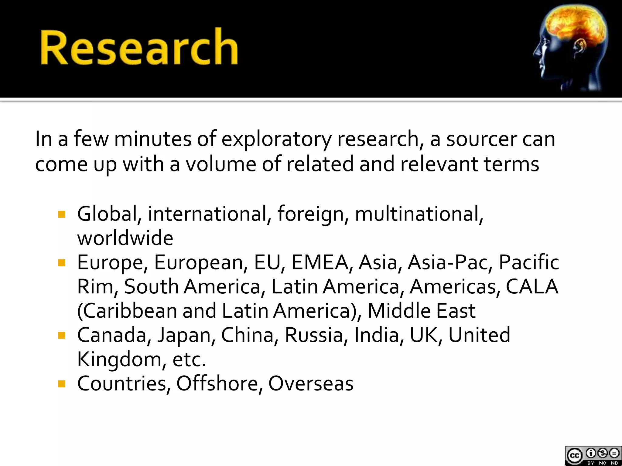 In a few minutes of exploratory research, a sourcer can 
come up with a volume of related and relevant terms 
 Global, international, foreign, multinational, 
worldwide 
 Europe, European, EU, EMEA, Asia, Asia-Pac, Pacific 
Rim, South America, Latin America, Americas, CALA 
(Caribbean and Latin America), Middle East 
 Canada, Japan, China, Russia, India, UK, United 
Kingdom, etc. 
 Countries, Offshore, Overseas 
 