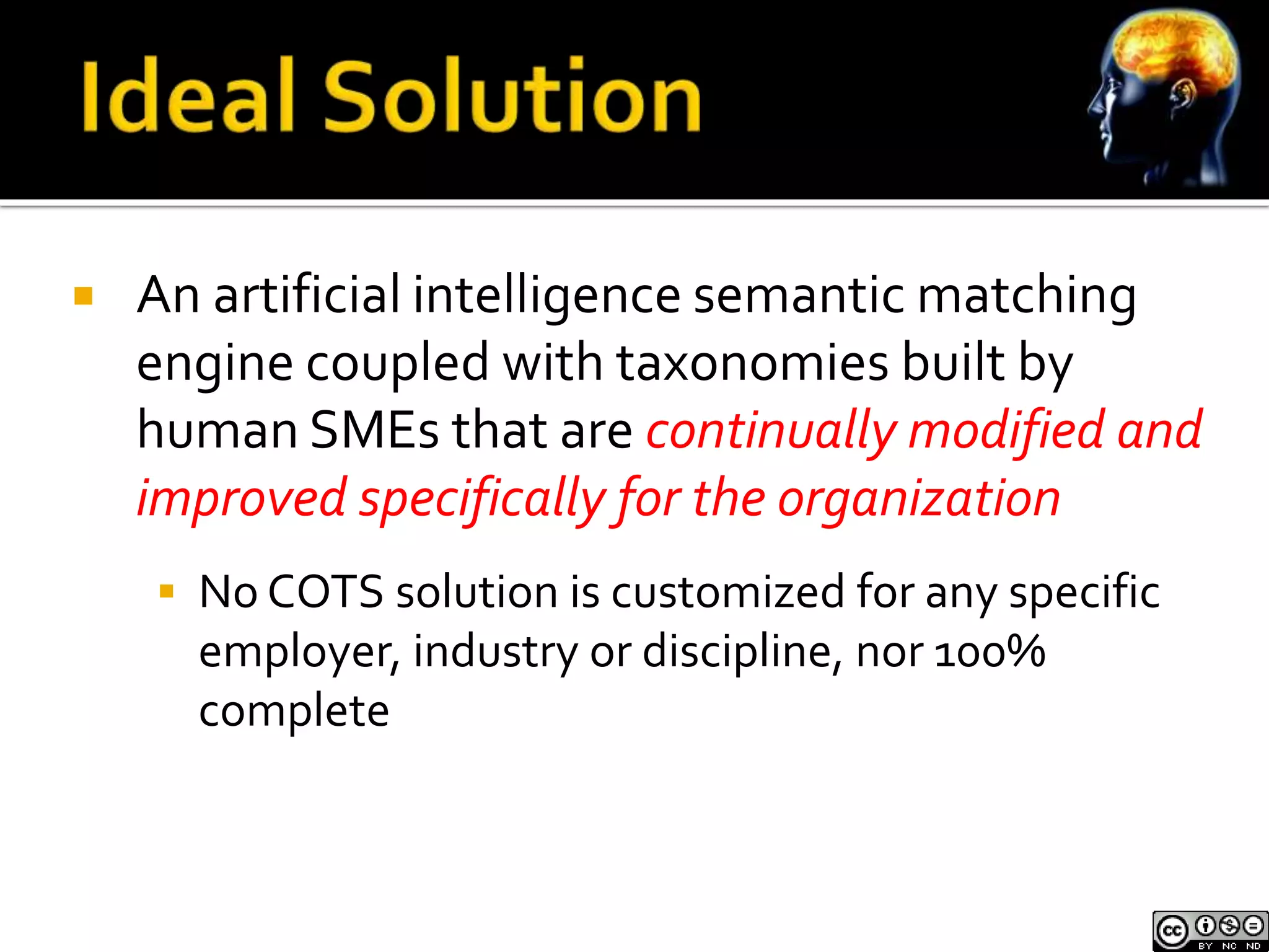  An artificial intelligence semantic matching 
engine coupled with taxonomies built by 
human SMEs that are continually modified and 
improved specifically for the organization 
 No COTS solution is customized for any specific 
employer, industry or discipline, nor 100% 
complete 
 