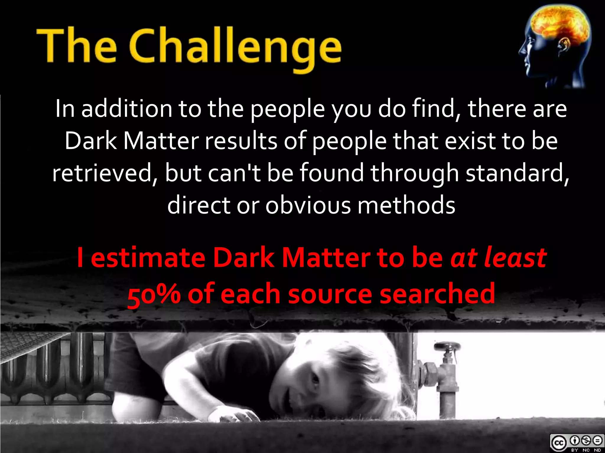In addition to the people you do find, there are
 Dark Matter results of people that exist to be
retrieved, but can't be found through standard,
           direct or obvious methods
  I estimate Dark Matter to be at least
       50% of each source searched
 