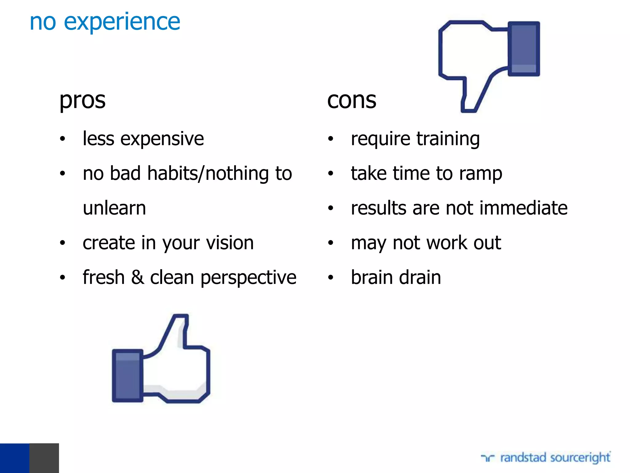 no experience


  pros                          cons
  • less expensive              • require training
  • no bad habits/nothing to    • take time to ramp
    unlearn                     • results are not immediate
  • create in your vision       • may not work out
  • fresh & clean perspective   • brain drain
 
