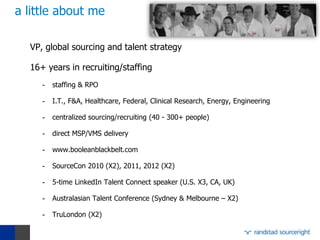 a little about me

  VP, global sourcing and talent strategy

  16+ years in recruiting/staffing
     -   staffing & RPO

     -   I.T., F&A, Healthcare, Federal, Clinical Research, Energy, Engineering

     -   centralized sourcing/recruiting (40 - 300+ people)

     -   direct MSP/VMS delivery

     -   www.booleanblackbelt.com

     -   SourceCon 2010 (X2), 2011, 2012 (X2)

     -   5-time LinkedIn Talent Connect speaker (U.S. X3, CA, UK)

     -   Australasian Talent Conference (Sydney & Melbourne – X2)

     -   TruLondon (X2)
 