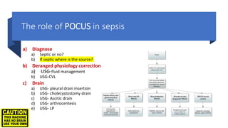 The role of POCUS in sepsis
a) Diagnose
a) Septic or no?
b) If septic where is the source?
b) Deranged physiology correction
a) USG-fluid management
b) USG-CVL
c) Drain
a) USG- pleural drain insertion
b) USG- cholecystostomy drain
c) USG- Ascitic drain
d) USG- arthrocentesis
e) USG- LP
 