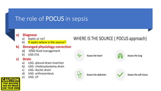 The role of POCUS in sepsis
a) Diagnose
a) Septic or no?
b) If septic where is the source?
b) Deranged physiology correction
a) USG-fluid management
b) USG-CVL
c) Drain
a) USG- pleural drain insertion
b) USG- cholecystostomy drain
c) USG- Ascitic drain
d) USG- arthrocentesis
e) USG- LP
 