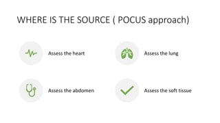 WHERE IS THE SOURCE ( POCUS approach)
Assess the heart Assess the lung
Assess the abdomen Assess the soft tissue
 