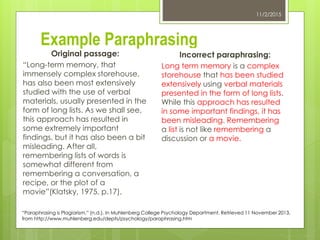Example Paraphrasing
Original passage:
“Long-term memory, that
immensely complex storehouse,
has also been most extensively
studied with the use of verbal
materials, usually presented in the
form of long lists. As we shall see,
this approach has resulted in
some extremely important
findings, but it has also been a bit
misleading. After all,
remembering lists of words is
somewhat different from
remembering a conversation, a
recipe, or the plot of a
movie”(Klatsky, 1975, p.17).
11/2/2015
“Paraphrasing is Plagiarism.” (n.d.). In Muhlenberg College Psychology Department. Retrieved 11 November 2013,
from http://www.muhlenberg.edu/depts/psychology/paraphrasing.htm
Incorrect paraphrasing:
Long term memory is a complex
storehouse that has been studied
extensively using verbal materials
presented in the form of long lists.
While this approach has resulted
in some important findings, it has
been misleading. Remembering
a list is not like remembering a
discussion or a movie.
Incorrect paraphrasing:
Long term memory is a complex
storehouse that has been studied
extensively using verbal materials
presented in the form of long lists.
While this approach has resulted
in some important findings, it has
been misleading. Remembering
a list is not like remembering a
discussion or a movie.
 