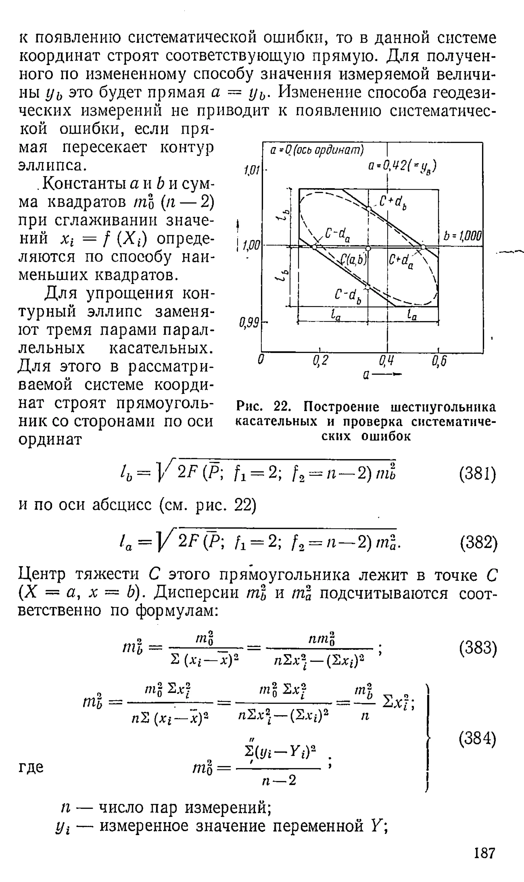 к появлению систематической ошибки, то в данной системе
координат строят соответствующую прямую. Для получен­
ного по измененному способу значения измеряемой величи­
ны уь это будет прямая а = у ь. Изменение способа геодези­
ческих измерений не приводит к появлению систематичес­
кой ошибки, если пря­
мая пересекает контур
эллипса.
.Константы а и b и сум­
ма квадратов ml (п — 2)
при сглаживании значе­
ний xi = f (Xt) опреде­
ляются по способу наи­
меньших квадратов.
Для упрощения кон­
турный эллипс заменя­
ют тремя парами парал­
лельных касательных.
Для этого в рассматри­
ваемой системе коорди­
нат строят прямоуголь­
ник со сторонами по оси
ординат
Рис. 22. Построение шестиугольника
касательных и проверка систематиче­
ских ошибок
1Ь= У 2F[P Ц = 2; f2= n — 2)ml
и по оси абсцисс (см. рис. 22)
/ о = ] / 2 / г(7>
; /i = 2; f 2= n ~ 2) ml.
(381)
(382)
Центр тяжести С этого прямоугольника лежит в точке С
(X — а, х = Ь). Дисперсии ml и ml подсчитываются соот­
ветственно по формулам:
пгъ
птх
mi
ml
2(.Vi—A
-)2 nI,x) — ( 2 .X i)* ’
ml Щ
где
л 2 ( * г— х)п
- п Щ —(2л-;)2 я
Ш - У г ) 2 .
mi:
п—2
п — число пар измерений;
у г — измеренное значение переменной Y;
(383)
(384)
187
 