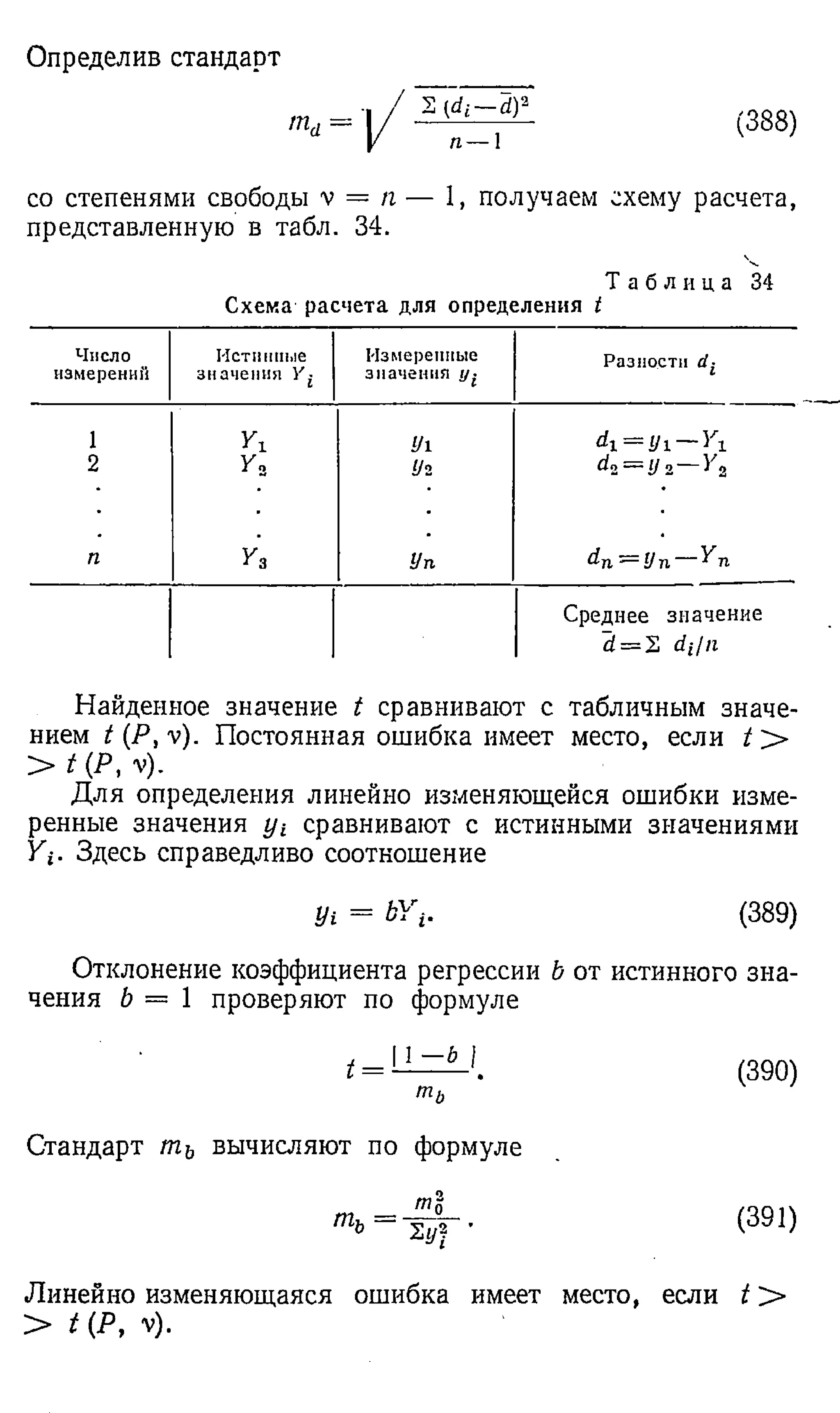 Определив стандарт
md
]/ П — 1
(388)
со степенями свободы v = я — 1, получаем схему расчета,
представленную в табл. 34.
Т а б л и ц а 34
Схема расчета для определения t
Число Истинные Измеренные
измерений значения У- значения
1 Y i Уу
Й
.
й:
►
*
*
1
2 У2 Уг d* = y * - Y a
п Уз Уп &п ^ Уп Уп
Среднее значение
d = S di/n
Найденное значение t сравнивают с табличным значе­
нием t (Р , v). Постоянная ошибка имеет место, если t >
> t (Р , v).
Для определения линейно изменяющейся ошибки изме­
ренные значения y t сравнивают с истинными значениями
Yi. Здесь справедливо соотношение
г/г = ЬУг. (389)
Отклонение коэффициента регрессии b от истинного зна­
чения b = 1 проверяют по формуле
t = (390)
mb
Стандарт т ъ вычисляют по формуле
тъ = - 0 у (391)
Линейно изменяющаяся ошибкаимеет место, если t >
> t (P, v).
 