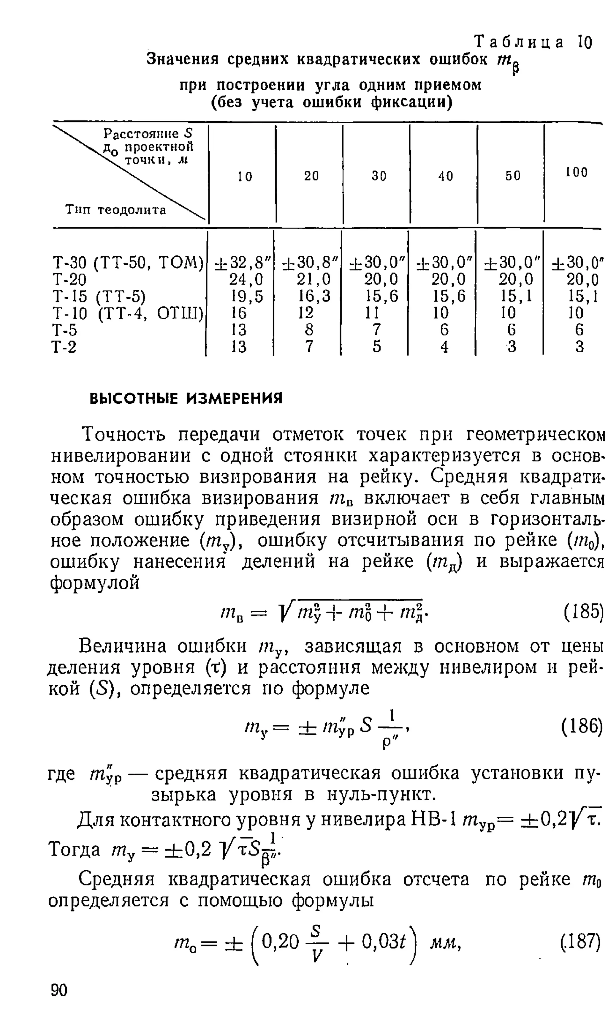 Т а б л и ц а 10
Значения средних квадратических ошибок tn R
при построении угла одним приемом
(без учета ошибки фиксации)
 Расстояние 5
д0 проектной
чу то чк и , м
Тип теодолита
10 20 30 40 50 100
Т-30 (ТТ-50, ТОМ) ±32,8" ±30,8" ±30,0" ±30,0" ±30,0" ±30,0"
Т-20 24,0 21,0 20,0 20,0 20,0 20,0
Т-15 (ТТ-5) 19,5 16,3 15,6 15,6 15,1 15,1
Т-10 (ТТ-4, ОТШ) 16 12 11 10 10 10
Т-5 13 8 7 6 6 6
Т-2 13 7 5 4 3 3
ВЫСОТНЫЕ ИЗМЕРЕНИЯ
Точность передачи отметок точек при геометрическом
нивелировании с одной стоянки характеризуется в основ­
ном точностью визирования на рейку. Средняя квадрати­
ческая ошибка визирования та включает в себя главным
образом ошибку приведения визирной оси в горизонталь­
ное положение (т у), ошибку отсчитывания по рейке (т0
),
ошибку нанесения' делений на рейке (т д) и выражается
формулой
/?гв = Y Щ + тЬ+ тд- (185)
Величина ошибки пгу, зависящая в основном от цены
деления уровня (т) и расстояния между нивелиром и рей­
кой (S), определяется по формуле
/яу= + niyp S (186)
где т'ур — средняя квадратическая ошибка установки пу­
зырька уровня в нуль-пункт.
Для контактного уровня у нивелира НВ-1 т ур= +0,2'|/т.
Тогда гПу — + 0,2 У т5р.
Средняя квадратическая ошибка отсчета по рейке т0
определяется с помощью формулы
т0= ± ^0,20 -у- -+- 0,03( j мм, (.187)
90
 