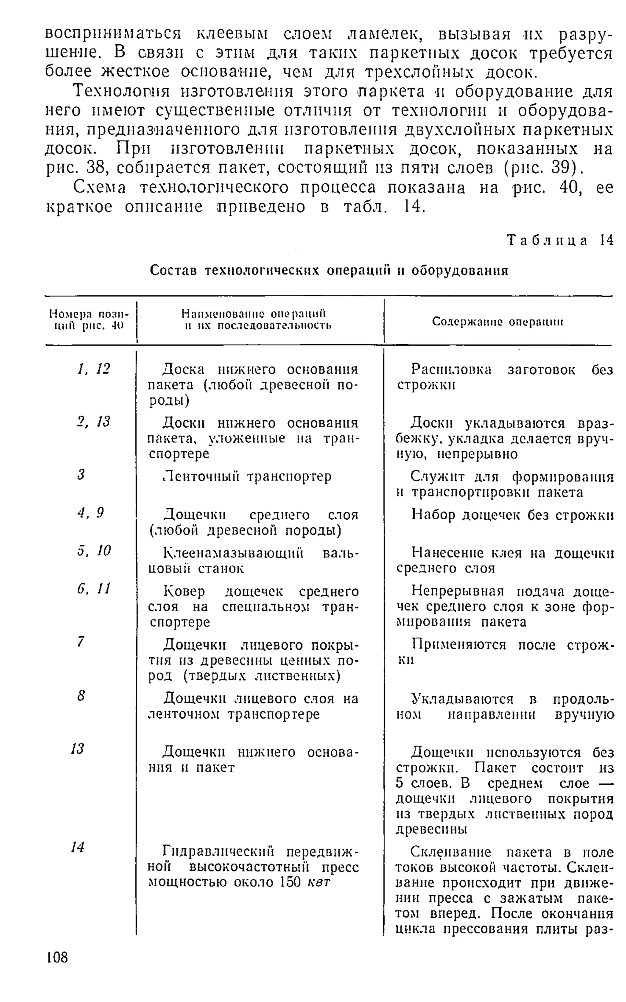 восприниматься клеевым слоем ламелек, вызывая их разру­
шение. В связи с этим для таких паркетных досок требуется
более жесткое основание, чем для трехслойных досок.
Технология изготовления этого паркета и оборудование для
него имеют существенные отличия от технологии и оборудова­
ния, предназначенного для изготовления двухслойных паркетных
досок. При изготовлении паркетных досок, показанных на
рис. 38, собирается пакет, состоящий из пяти слоев (рис. 39).
Схема технологического процесса показана на рис. 40, ее
краткое описание приведено в табл. 14.
Т а б л и ц а 14
Состав технологических операции и оборудования
Номера пози­
ций рис. 40
Наименование операции
и их последоиателыюстЕ> Содержание операции
1, 12 Доска нижнего основания
пакета (любой древесной по­
роды)
Распиловка заготовок без
строжки
2, 13 Доски нижнего основания
пакета, уложенные на тран­
спортере
Доски укладываются враз­
бежку, укладка делается вруч­
ную, непрерывно
3 Ленточный транспортер Служит для формирования
и транспортировки пакета
4, 9 Дощечки среднего слоя
(любой древесной породы)
Набор дощечек без строжки
5, 10 Клеенамазывающий валь­
цовый станок
Нанесение клея на дощечки
среднего опоя
6, 11 Ковер дощечек среднего
слоя на специальном тран­
спортере
Непрерывная подача доще­
чек среднего слоя к зоне фор­
мирования пакета
7 Дощечки лицевого покры­
тия из древесины ценных по­
род (твердых лиственных)
Применяются после строж­
ки
8 Дощечки лицевого слоя на
ленточном транспортере
Укладываются в продоль­
ном направлении вручную
13 Дощечки нижнего основа­
ния и пакет
Дощечки используются без
строжки. Пакет состоит из
5 слоев. В среднем слое —
дощечки лицевого покрытия
из твердых лиственных пород
древесины
14 Гндравличеекмй передвиж­
ной высокочастотный пресс
мощностью около 150 кет
Склеивание пакета в поле
токов высокой частоты. Склеи­
вание происходит при движе­
нии пресса с зажатым паке­
том вперед. После окончания
никла прессования плиты раз-
108
 