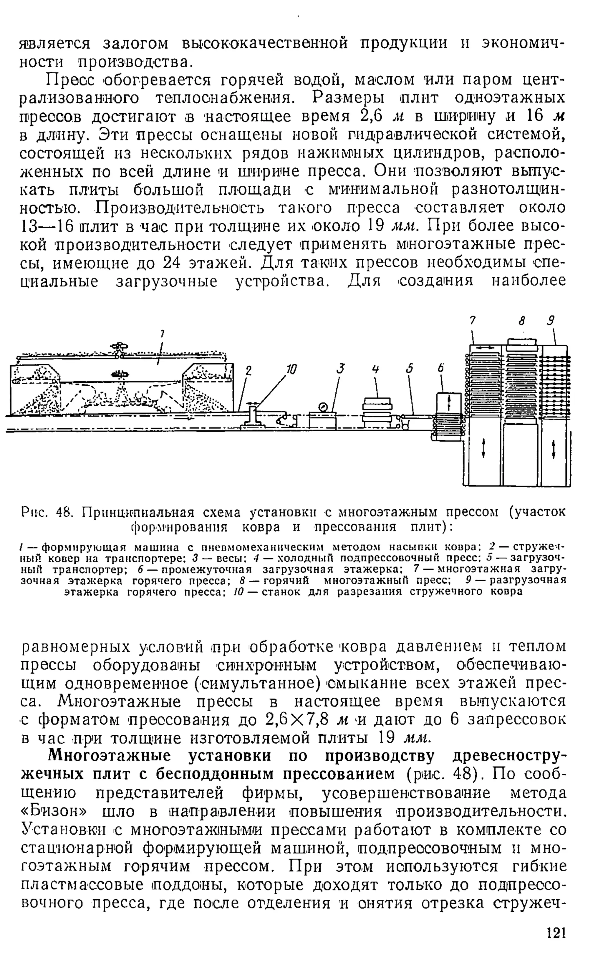 является залогом высококачественной продукции и экономич­
ности производства.
Пресс обогревается горячей водой, маслом или паром цент­
рализованного теплоснабжения. Размеры плит одноэтажных
прессов достигают в настоящее время 2,6 м в ширину и 16 ж
в длину. Эти прессы оснащены новой гидравлической системой,
состоящей из нескольких рядов нажимных цилиндров, располо­
женных по всей длине и ширине пресса. Они позволяют выпус­
кать плиты большой площади с минимальной разнотолщин-
ностыо. Производительность такого пресса составляет около
13—16 плит в час при толщине их около 19 мм. При более высо­
кой производительности следует применять многоэтажные прес­
сы, имеющие до 24 этажей. Для таких прессов необходимы спе­
циальные загрузочные устройства. Для создания наиболее
7 в з
Рис. 48. Принципиальная схема установки с многоэтажным прессом (участок
формирования ковра и прессования плит):
/ —формирующая машина с пневмомеханическим методом насыпки ковра; 2 — стружеч­
ный ковер на транспортере; 3 — весы: 4 — холодный подпрессовочный пресс; о — загрузоч­
ный транспортер; 6 — промежуточная загрузочная этажерка; 7 — многоэтажная загру­
зочная этажерка горячего пресса; 5 — горячий многоэтажный пресс; 9 — разгрузочная
этажерка горячего пресса; 10 — станок для разрезания стружечного ковра
равномерных условий при обработке ковра давлением и теплом
прессы оборудованы синхронным устройством, обеспечиваю­
щим одновременное (симультанное) смыкание всех этажей прес­
са. Многоэтажные прессы в настоящее время выпускаются
■
с форматом прессования до 2,6X7,8 м и дают до 6 запрессовок
в час при толщине изготовляемой плиты 19 мм.
Многоэтажные установки по производству древесностру­
жечных плит с бесподдонным прессованием (рис. 48). По сооб­
щению представителей фирмы, усовершенствование метода
«Бизон» шло в направлении повышения производительности.
Установки с многоэтажными прессами работают в комплекте со
стационарной формирующей машиной, подпреосовочным и мно­
гоэтажным горячим прессом. При этом используются гибкие
пластмассовые поддоны, которые доходят только до подпреосо-
вочного пресса, где после отделения и онятия отрезка стружеч-
121
 