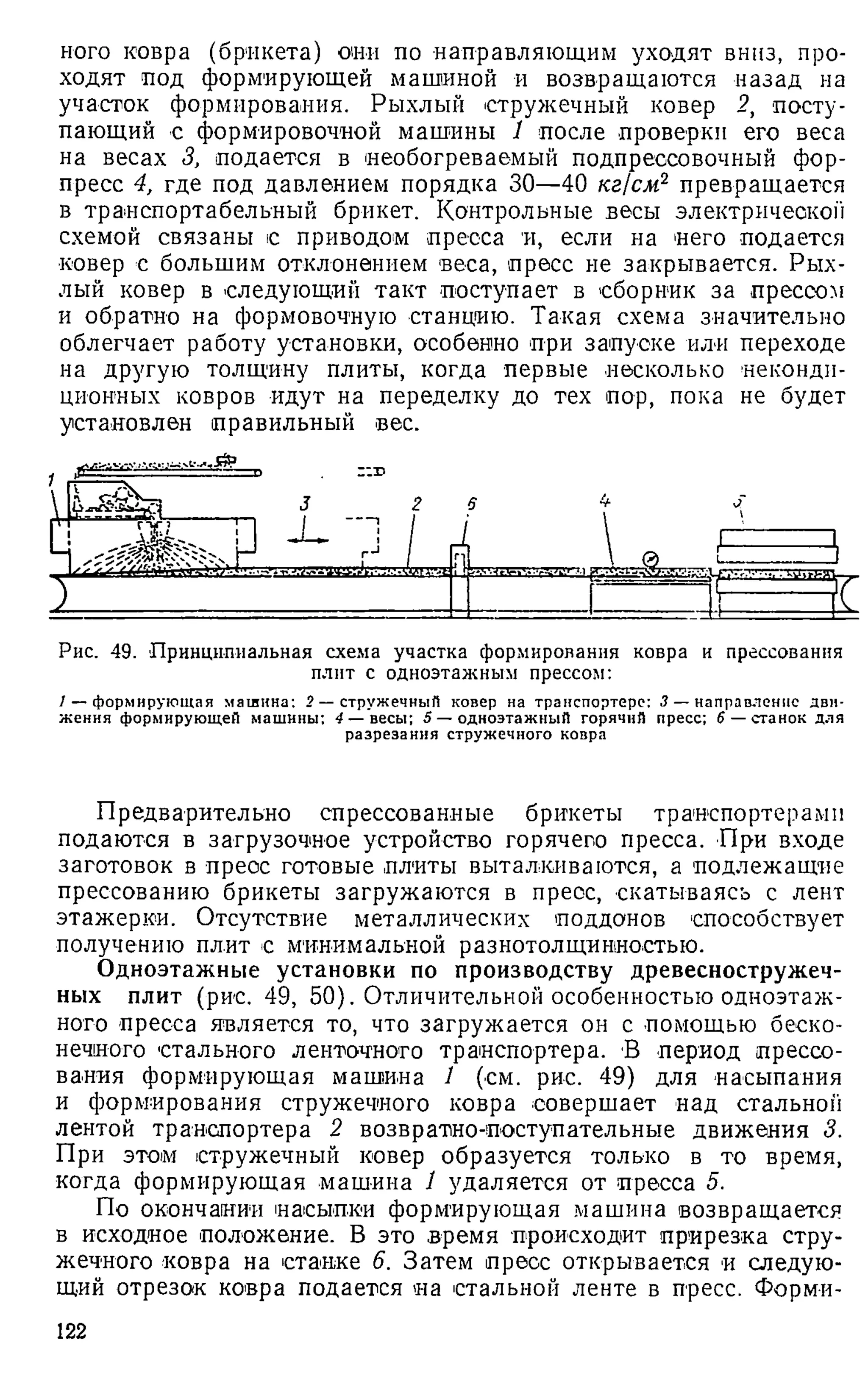 кого ковра (брикета) они по направляющим уходят вниз, про­
ходят иод формирующей машиной и возвращаются назад на
участок формирования. Рыхлый стружечный ковер 2, посту­
пающий с формировочной машины 1 после проверки его веса
на весах 3, подается в необогреваемый подпрессовочный фор-
пресс 4, где под давлением порядка 30—40 кг/см2 превращается
в транспортабельный брикет. Контрольные весы электрической
схемой связаны с приводом пресса и, если на него подается
ковер с большим отклонением веса, пресс не закрывается. Рых­
лый ковер в следующий такт поступает в сборник за прессом
и обратно на формовочную станцию. Такая схема значительно
облегчает работу установки, особенно при запуске или переходе
на другую толщину плиты, когда первые несколько неконди­
ционных ковров идут на переделку до тех пор, пока не будет
установлен правильный вес.
Рис. 49. Принципиальная схема участка формирования ковра и прессования
плит с одноэтажным прессом:
/ — формирующая машина: 2 — стружечный ковер на транспортере: 3 — направление дви­
жения формирующей машины: 4 — весы; 5 — одноэтажный горячий пресс; 5 — станок для
разрезания стружечного ковра
Предварительно спрессованные брикеты транспортерами
подаются в загрузочное устройство горячего пресса. При входе
заготовок в преос готовые плиты выталкиваются, а подлежащие
прессованию брикеты загружаются в преос, скатываясь с лент
этажерки. Отсутствие металлических поддонов способствует
получению плит с минимальной разнотолщинностью.
Одноэтажные установки по производству древесностружеч­
ных плит (рис. 49, 50). Отличительной особенностью одноэтаж­
ного пресса является то, что загружается он с помощью беско­
нечного стального ленточного транспортера. В период прессо­
вания формирующая машина 1 (см. рис. 49) для насыпания
и формирования стружечного ковра совершает над стальной
лентой транспортера 2 возвратно-поступательные движения 3.
При этом стружечный ковер образуется только в то время,
когда формирующая машина 1 удаляется от пресса 5.
По окончании насыпки формирующая машина возвращается
в исходное положение. В это время происходит прирезка стру­
жечного ковра на станке 6. Затем пресс открывается и следую­
щий отрезок ковра подается на стальной ленте в пресс. Форми­
122
 