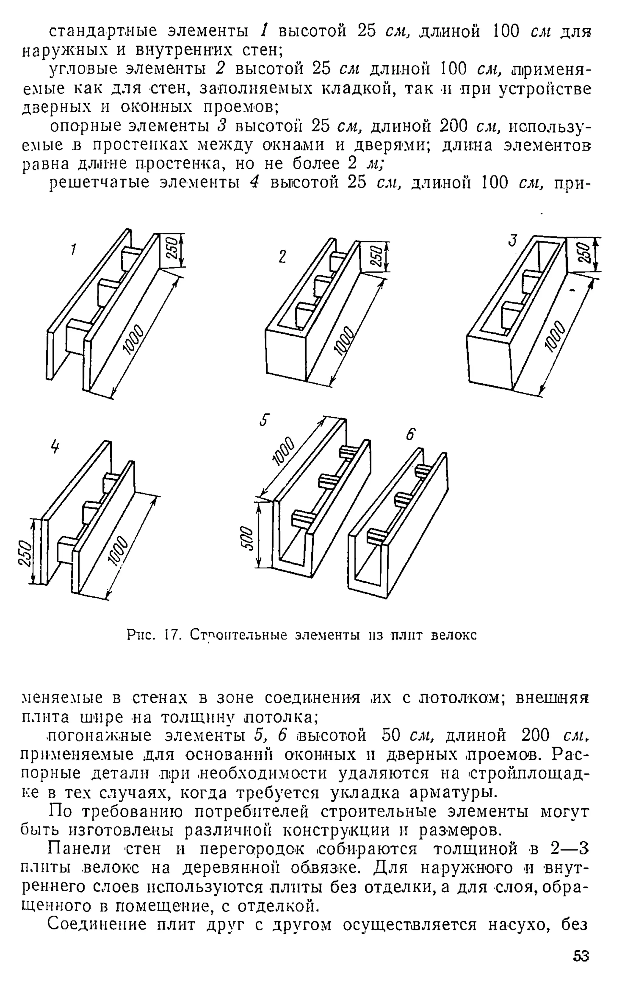 стандартные элементы 1 высотой 25 см, длиной 100 см для
наружных и внутренних стен;
угловые элементы 2 высотой 25 см длиной 100 см, применя­
емые как для стен, заполняемых кладкой, так и при устройстве
дверных и оконных проемов;
опорные элементы 3 высотой 25 см, длиной 200 см, использу­
емые в простенках между окнами и дверями; длина элементов
равна длине простенка, но не более 2 м;
решетчатые элементы 4 высотой 25 см, длиной 100 см, при-
Рпс. 17. Строительные элементы из плит велокс
меняемые в стенах в зоне соединения их с потолком; внешняя
плита шире на толщину потолка;
погонажные элементы 5, 6 (высотой 50 см, длиной 200 см.
применяемые для оснований оконных и дверных проемов. Рас­
порные детали при необходимости удаляются на стройплощад­
ке в тех случаях, когда требуется укладка арматуры.
По требованию потребителей строительные элементы могут
быть изготовлены различной конструкции и размеров.
Панели стен и перегородок собираются толщиной в 2—3
плиты .велокс на деревянной обвязке. Для наружного и внут­
реннего слоев используются плиты без отделки, а для слоя, обра­
щенного в помещение, с отделкой.
Соединение плит друг с другом осуществляется насухо, без
53
 