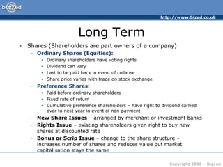 Long Term Shares (Shareholders are part owners of a company) Ordinary Shares (Equities): Ordinary shareholders have voting rights Dividend can vary Last to be paid back in event of collapse Share price varies with trade on stock exchange Preference Shares: Paid before ordinary shareholders Fixed rate of return Cumulative preference shareholders – have right to dividend carried over to next year in event of non-payment New Share Issues  – arranged by merchant or investment banks Rights Issue  – existing shareholders given right to buy new shares at discounted rate Bonus or Scrip Issue  – change to the share structure – increases number of shares and reduces value but market capitalisation stays the same 