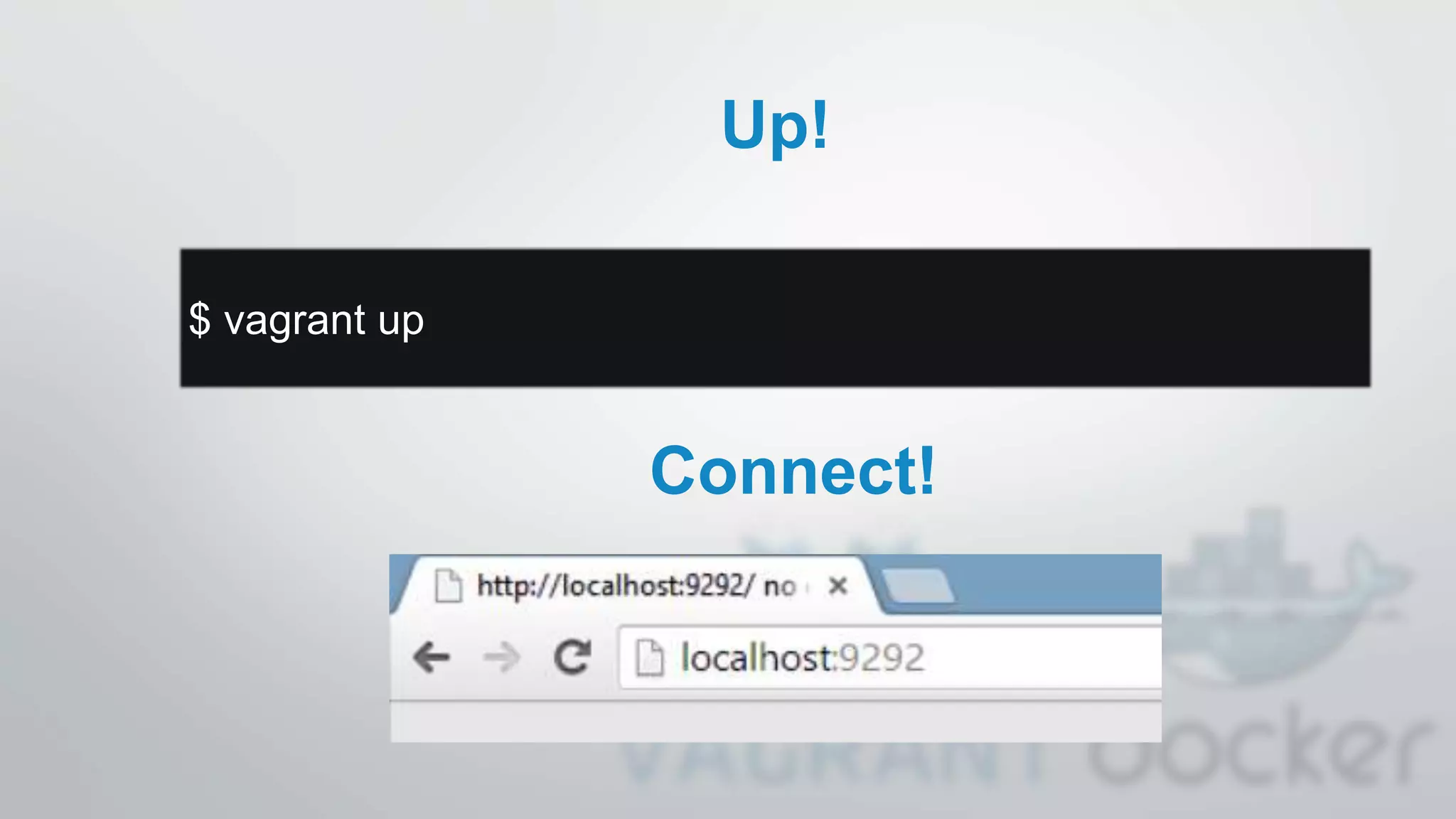 Up!
$ vagrant up
Connect!
 