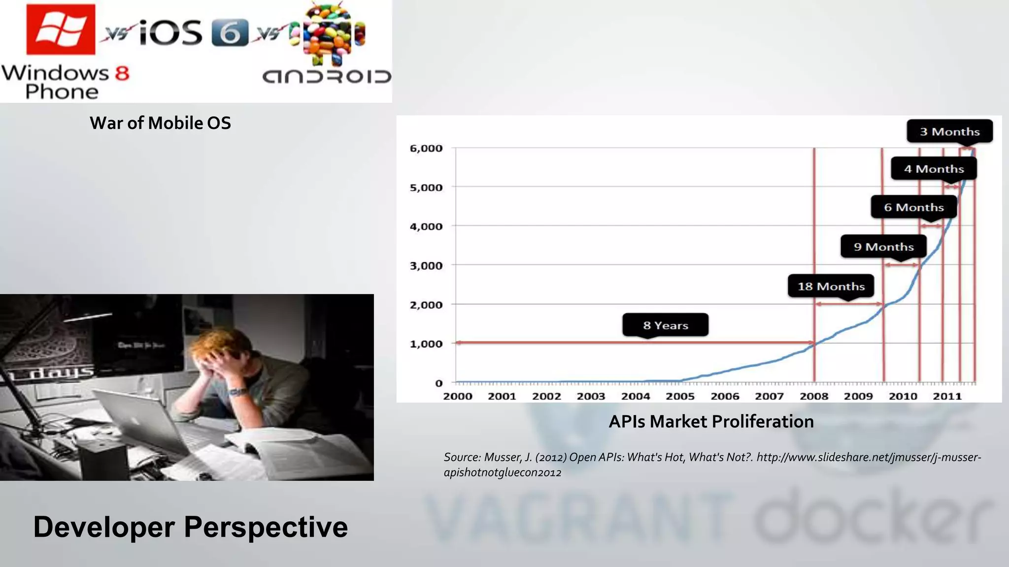 Developer Perspective
War of Mobile OS
APIs Market Proliferation
Source: Musser,J. (2012) Open APIs:What's Hot,What's Not?. http://www.slideshare.net/jmusser/j-musser-
apishotnotgluecon2012
 