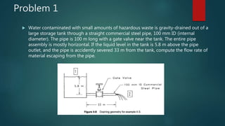 Problem 1
 Water contaminated with small amounts of hazardous waste is gravity-drained out of a
large storage tank through a straight commercial steel pipe, 100 mm ID (internal
diameter). The pipe is 100 m long with a gate valve near the tank. The entire pipe
assembly is mostly horizontal. If the liquid level in the tank is 5.8 m above the pipe
outlet, and the pipe is accidently severed 33 m from the tank, compute the flow rate of
material escaping from the pipe.
 