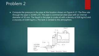 Problem 2
 Compute the pressure in the pipe at the location shown on Figure 4-17. The flow rate
through the pipe is 10,000 L/hr. The pipe is commercial steel pipe with an internal
diameter of 50 mm. The liquid in the pipe is crude oil with a density of 928 kg/m3 and
a viscosity of 0.004 kg/m s. The tank is vented to the atmosphere.
 