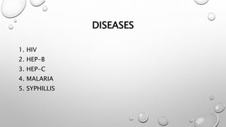 DISEASES
1. HIV
2. HEP-B
3. HEP-C
4. MALARIA
5. SYPHILLIS
 