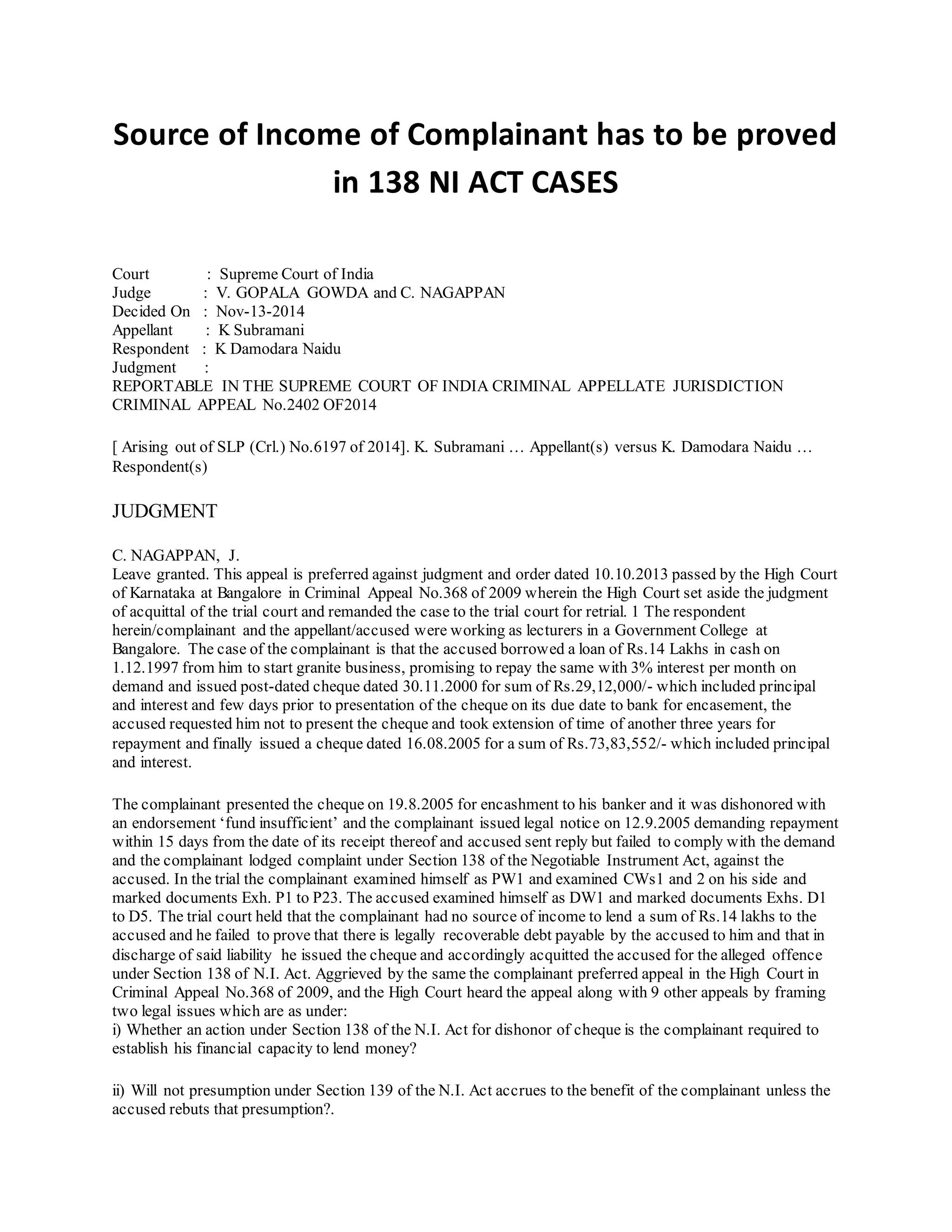 Source of of complainant has to be proved in 138 ni act cases PDF