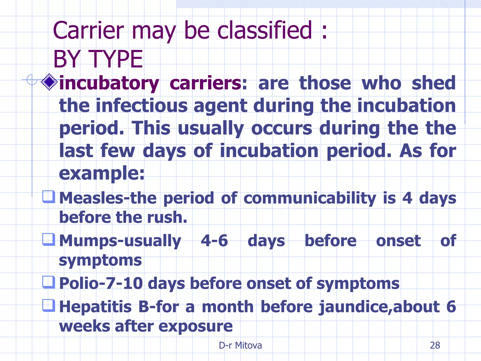   incubatory carriers : are those who shed the infectious agent during the incubation period. This usually occurs during the the last few days of incubation period. As for example: Measles-the period of communicability is 4 days before the rush. Mumps-usually 4-6 days before onset of symptoms Polio-7-10 days before onset of symptoms Hepatitis B-for a month before jaundice,about 6 weeks after exposure Carrier may be classified : BY TYPE 