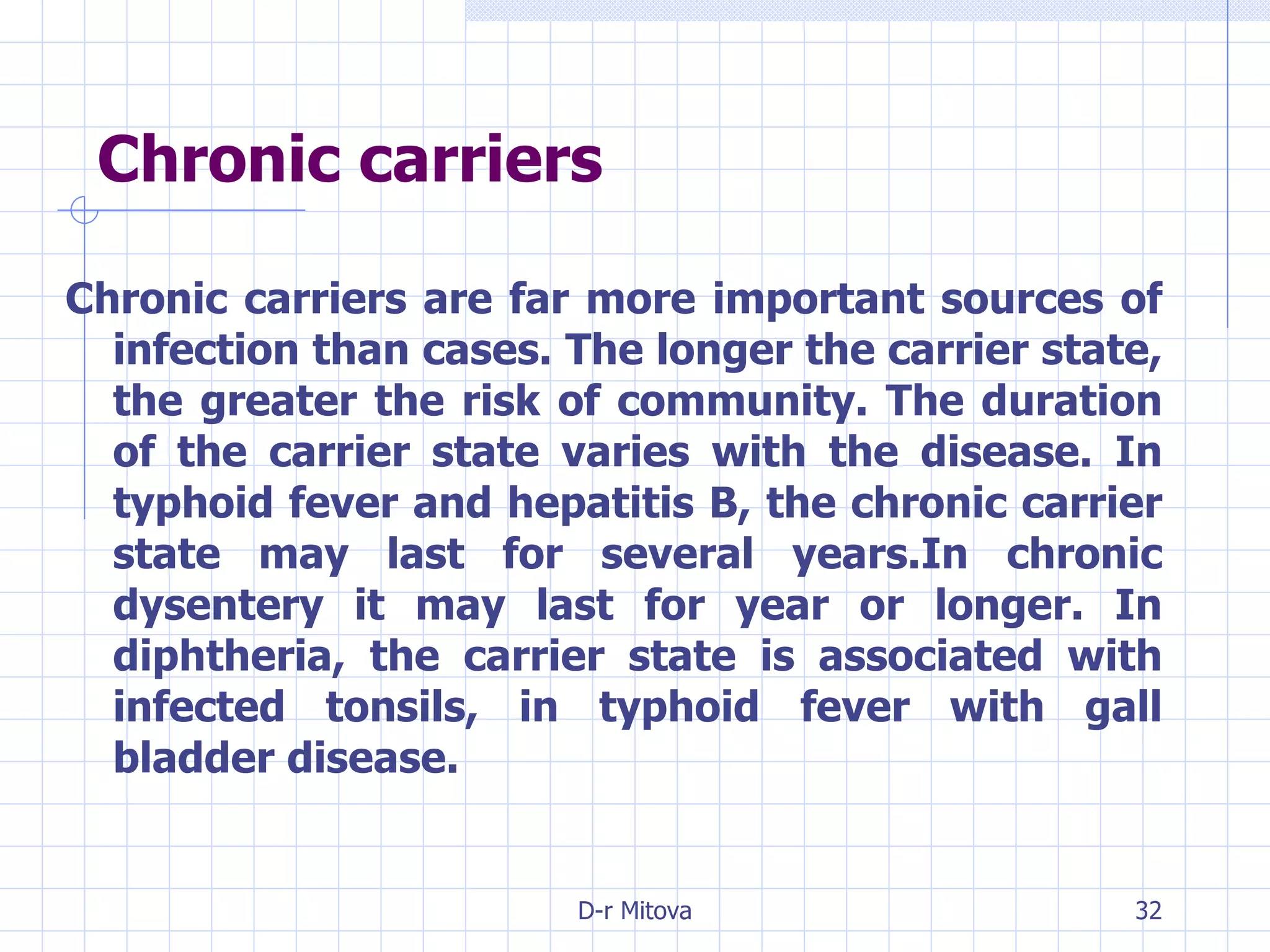 Chronic carriers Chronic carriers are far more important sources of infection than cases. The longer the carrier state, the greater the risk of community. The duration of the carrier state varies with the disease. In typhoid fever and hepatitis B, the chronic carrier state may last for several years.In chronic dysentery it may last for year or longer. In diphtheria, the carrier state is associated with infected tonsils, in typhoid fever with gall bladder disease. 