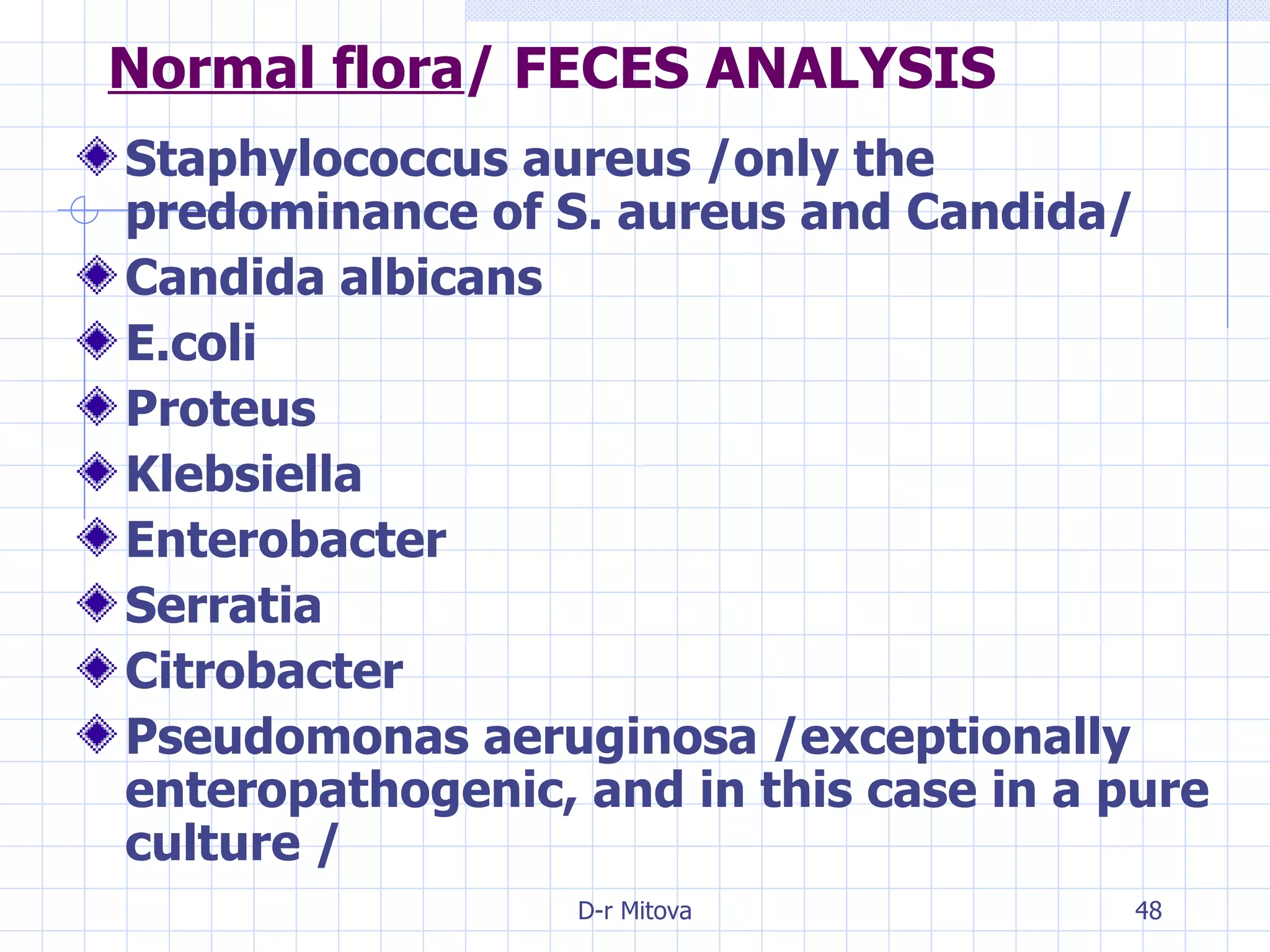 Normal flora / FECES ANALYSIS Staphylococcus aureus /only the predominance of S. aureus and Candida/ Candida albicans E.coli Proteus Klebsiella Enterobacter Serratia Citrobacter Pseudomonas aeruginosa /exceptionally enteropathogenic, and in this case in a pure culture / 