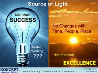 KONCEPT D e v e l o p i n g T o m o r r o w ’ s L e a d e r s
klcenter@gmail.com
91-20-26696107Learning Center
Source of Light
Man Made
SUCCESS
Nature’s Made
EXCELLENCE
No Changes with
Time, People, Place
Perfect
Working
???
 