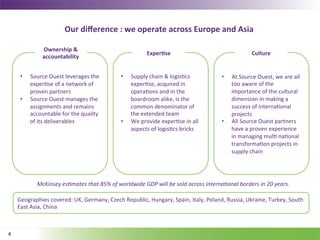 Our	
  diﬀerence	
  :	
  we	
  operate	
  across	
  Europe	
  and	
  Asia	
  
                                                                                                       	
  

                 Ownership	
  &	
  
                                                                               Exper/se	
                                                    Culture	
  
                 accountability	
  

                                                               	
  
     •    Source	
  Ouest	
  leverages	
  the	
                •      Supply	
  chain	
  &	
  logis5cs	
                  •     At	
  Source	
  Ouest,	
  we	
  are	
  all	
  
          exper5se	
  of	
  a	
  network	
  of	
                      exper5se,	
  acquired	
  in	
                             too	
  aware	
  of	
  the	
  
          proven	
  partners	
  	
                                    opera5ons	
  and	
  in	
  the	
                           importance	
  of	
  the	
  cultural	
  
     •    Source	
  Ouest	
  manages	
  the	
                         boardroom	
  alike,	
  is	
  the	
                        dimension	
  in	
  making	
  a	
  
          assignments	
  and	
  remains	
                             common	
  denominator	
  of	
                             success	
  of	
  interna5onal	
  
          accountable	
  for	
  the	
  quality	
                      the	
  extended	
  team	
                                 projects	
  	
  
          of	
  its	
  deliverables	
                          •      We	
  provide	
  exper5se	
  in	
  all	
            •     All	
  Source	
  Ouest	
  partners	
  
                                                                      aspects	
  of	
  logis5cs	
  bricks	
                     have	
  a	
  proven	
  experience	
  
                                                                                                                                in	
  managing	
  mul5	
  na5onal	
  
                                                                                                                                transforma5on	
  projects	
  in	
  
                                                                                                                                supply	
  chain	
  




              McKinsey	
  es*mates	
  that	
  85%	
  of	
  worldwide	
  GDP	
  will	
  be	
  sold	
  across	
  interna*onal	
  borders	
  in	
  20	
  years.	
  	
  

    Geographies	
  covered:	
  UK,	
  Germany,	
  Czech	
  Republic,	
  Hungary,	
  Spain,	
  Italy,	
  Poland,	
  Russia,	
  Ukraine,	
  Turkey,	
  South	
  
    East	
  Asia,	
  China	
  



4
 