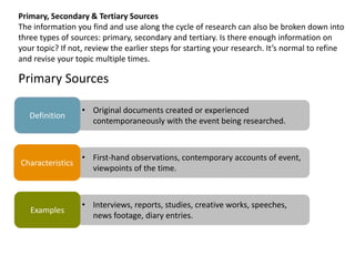 Primary, Secondary & Tertiary Sources
The information you find and use along the cycle of research can also be broken down into
three types of sources: primary, secondary and tertiary. Is there enough information on
your topic? If not, review the earlier steps for starting your research. It’s normal to refine
and revise your topic multiple times.

Primary Sources

                  • Original documents created or experienced
   Definition
                    contemporaneously with the event being researched.



                  • First-hand observations, contemporary accounts of event,
Characteristics
                    viewpoints of the time.



                  • Interviews, reports, studies, creative works, speeches,
   Examples
                    news footage, diary entries.
 