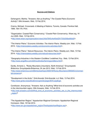 Sources and Citations

Dzhenganin, Martha. "Answers­ Ask us Anything." The Coastal Plains Economic
Activity?. Wiki Answers. Web. 13 Feb 2014.
Cranny, Michael. Crossroads­ A Meeting of Nations. Toronto, Canada: Prentice Hall,
1998. 164­179. Print.
"Organization: Coastal Plain Conservancy." Coastal Plain Conservancy. Wiser.org, 14
Jun 2005. Web. 13 Feb 2014.
<http://www.wiser.org/organization/view/c4de7845c4e40ed291730d3fdbe88dd0>.
"The Interior Plains." Economic Activities­ The Interior Plains. Weebly.com. Web. 13 Feb
2014. <http://interiorplains.weebly.com/economic­activities.html>.
"The Interior Plains." Natural Resources­ The Interior Plains. Weebly.com. Web. 13 Feb
2014. <http://interiorplains.weebly.com/natural­resources.html>.
"Geography­Industries in the Western Cordillera."undefined. N.p.. Web. 13 Feb 2014.
<http://www.angelfire.com/d20/scottnotes/farmingcordillera.html>.
Eardly, Armand J.. "Rocky Mountains (mountains, North America)." Encyclopedia
Britannica. Encyclopedia Britannica, 24 Jan 2013. Web. 13 Feb 2014.
<http://www.britannica.com/EBchecked/topic/506418/Rocky­Mountains/39936/Environmen
tal­concerns>.
"Development in the Arctic." Grid­Arendal. Grid­Arendal, n.d. Web. 13 Feb 2014.
<http://www.grida.no/publications/vg/arctic/page/2670.asp&xgt;.
Contributor, Anonymous. "Answers­ Ask us Anything."What kind of economic activities are
in the intermountain region. Wiki Answers. Web. 14 Feb 2014.
<http://wiki.answers.com/Q/What_kind_of_economic_activities_are_in_the_intermountain
_region?

"The Appalachian Region." Appalachian Regional Comission. Appalachian Regional
Comission. Web. 18 Feb 2014.
<http://www.arc.gov/appalachian_region/TheAppalachianRegion.asp>.

 