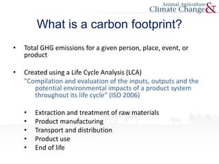 What is a carbon footprint?
• Total GHG emissions for a given person, place, event, or
product
• Created using a Life Cycle Analysis (LCA)
"Compilation and evaluation of the inputs, outputs and the
potential environmental impacts of a product system
throughout its life cycle“ (ISO 2006)
• Extraction and treatment of raw materials
• Product manufacturing
• Transport and distribution
• Product use
• End of life
 