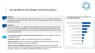 PEUT-ON CRÉER DU VIVRE-ENSEMBLE SANS ÉGALITÉ SOCIALE ?
Les Démocraties existantes sont-elles seulement formelles (garantissant l’égalité devant la loi,
pas l’égalité sociale) ?
L’égalité des chances est-elle une condition suffisante pour le vivre-ensemble ?.
Peut-on accepter la séparation entre la forme politique égalitaire des États modernes et leur
réalité sociale marquée par de très fortes inégalités ?
Quel est la part des difficultés matérielles (Chômage / pauvreté, Précarité croissante des
emplois, Difficultés d’accès à l’emploi des jeunes, ségrégation urbaine) dans les blocages du vivre-
ensemble (crispations sur la laïcité, essoufflement de l’institution scolaire, ..) ?
Karl Marx
« De même que les chrétiens sont égaux dans le ciel et inégaux sur terre, les membres du peuple pris
chacun dans leur singularité sont égaux dans le ciel de leur monde politique et inégaux dans l’existence
terrestre de la société »
John Rawls
« Principe de différence : Les inégalités sociales et économiques doivent être agencés de sorte qu’ils
sont à la fois au plus grand bénéfice des moins favorisés, et que les positions soient ouvertes à tous
dans des conditions d’égalité des chances » (Le principe de différence assume l’idée que la société
ne peut être égalitariste)
Les principales menaces au vivre ensemble (en %,
source KPMG / IPSOS 2011)
2 réponses possibles
 