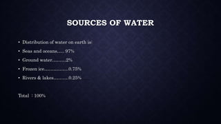 SOURCES OF WATER
• Distribution of water on earth is:
• Seas and oceans….. 97%
• Ground water………2%
• Frozen ice…………….0.75%
• Rivers & lakes……….0.25%
Total : 100%
 