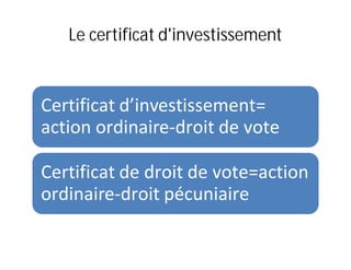 Le certificat d'investissement



Certificat d’investissement=
action ordinaire-droit de vote

Certificat de droit de vote=action
ordinaire-droit pécuniaire
 