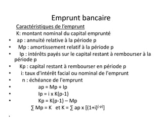 Emprunt bancaire
     Caractéristiques de l’emprunt
     K: montant nominal du capital emprunté
•    ap : annuité relative à la période p
•     Mp : amortissement relatif à la période p
•     Ip : intérêts payés sur le capital restant à rembourser à la
    période p
•     Kp : capital restant à rembourser en période p
•      i: taux d'intérêt facial ou nominal de l'emprunt
•       n : échéance de l'emprunt
•               ap = Mp + Ip
•               Ip = i x K(p-1)
•               Kp = K(p-1) – Mp
             ∑ Mp = K et K = ∑ ap x [(1+i)(-p)]
•
 