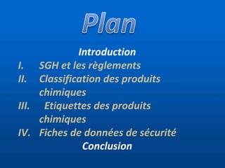 Introduction
I. SGH et les règlements
II. Classification des produits
chimiques
III. Etiquettes des produits
chimiques
IV. Fiches de données de sécurité
Conclusion
 