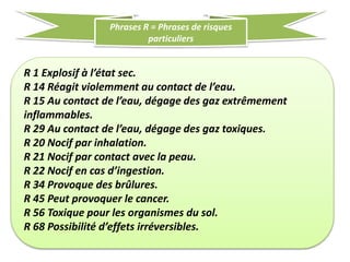 R 1 Explosif à l’état sec.
R 14 Réagit violemment au contact de l’eau.
R 15 Au contact de l’eau, dégage des gaz extrêmement
inflammables.
R 29 Au contact de l’eau, dégage des gaz toxiques.
R 20 Nocif par inhalation.
R 21 Nocif par contact avec la peau.
R 22 Nocif en cas d’ingestion.
R 34 Provoque des brûlures.
R 45 Peut provoquer le cancer.
R 56 Toxique pour les organismes du sol.
R 68 Possibilité d’effets irréversibles.
Phrases R = Phrases de risques
particuliers
 