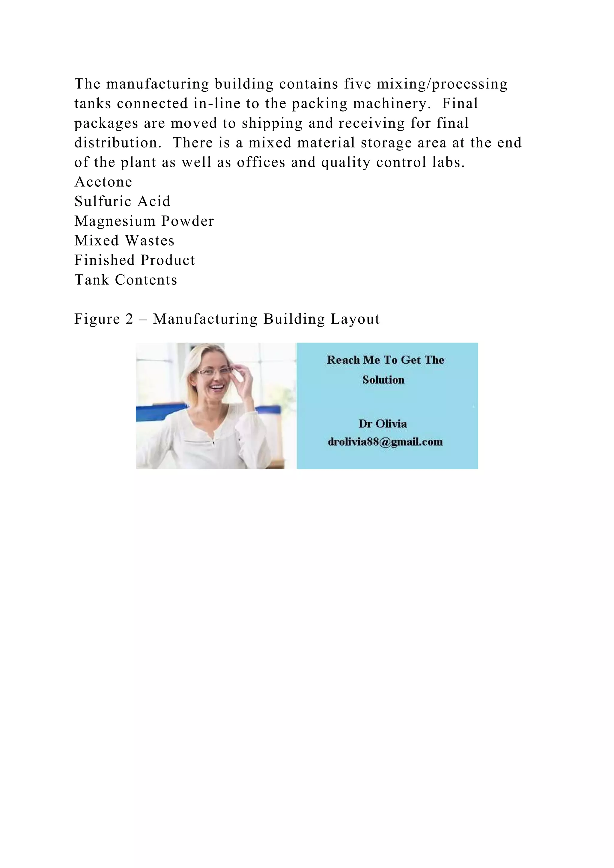 The manufacturing building contains five mixing/processing
tanks connected in-line to the packing machinery. Final
packages are moved to shipping and receiving for final
distribution. There is a mixed material storage area at the end
of the plant as well as offices and quality control labs.
Acetone
Sulfuric Acid
Magnesium Powder
Mixed Wastes
Finished Product
Tank Contents
Figure 2 – Manufacturing Building Layout
 