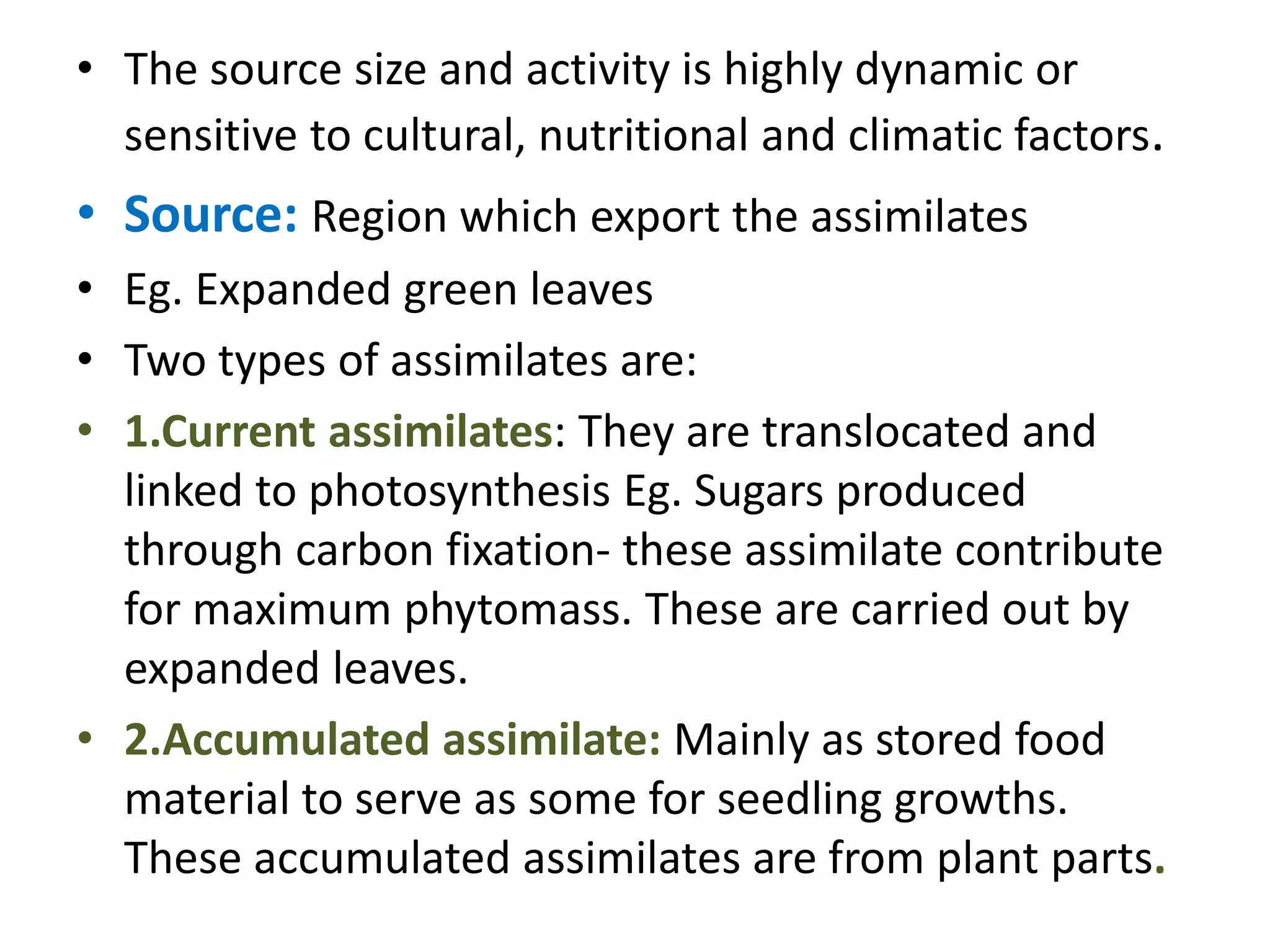 • The source size and activity is highly dynamic or
sensitive to cultural, nutritional and climatic factors.
• Source: Region which export the assimilates
• Eg. Expanded green leaves
• Two types of assimilates are:
• 1.Current assimilates: They are translocated and
linked to photosynthesis Eg. Sugars produced
through carbon fixation- these assimilate contribute
for maximum phytomass. These are carried out by
expanded leaves.
• 2.Accumulated assimilate: Mainly as stored food
material to serve as some for seedling growths.
These accumulated assimilates are from plant parts.
 