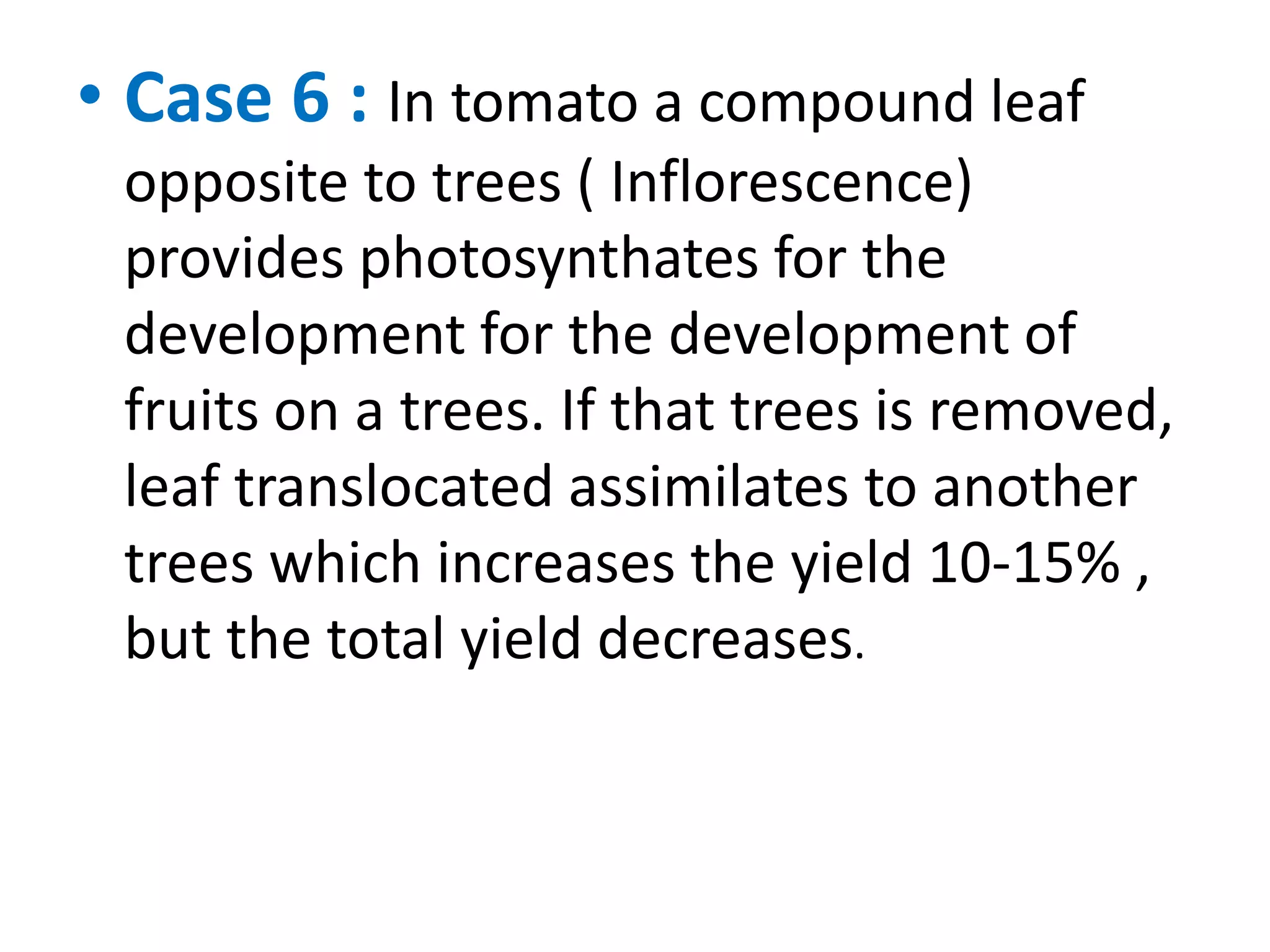 • Case 6 : In tomato a compound leaf
opposite to trees ( Inflorescence)
provides photosynthates for the
development for the development of
fruits on a trees. If that trees is removed,
leaf translocated assimilates to another
trees which increases the yield 10-15% ,
but the total yield decreases.
 