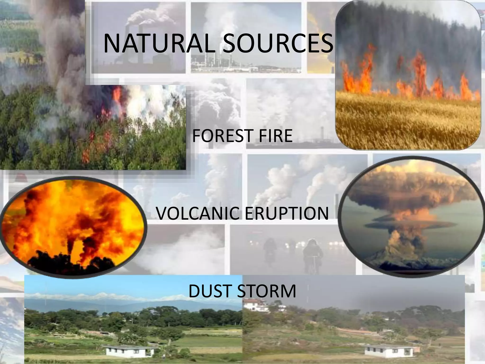 NATURAL SOURCES
FOREST FIRE
VOLCANIC ERUPTION
DUST STORM
 