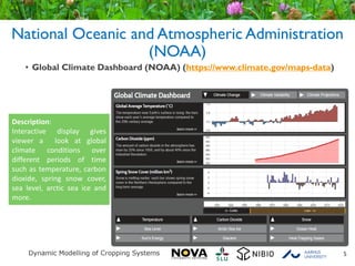 National Oceanic and Atmospheric Administration
(NOAA)
• Global Climate Dashboard (NOAA) (https://www.climate.gov/maps-data)
5
Description:
Interactive display gives
viewer a look at global
climate conditions over
different periods of time
such as temperature, carbon
dioxide, spring snow cover,
sea level, arctic sea ice and
more.
 