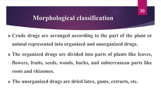 Morphological classification
Crude drugs are arranged according to the part of the plant or
animal represented into organized and unorganized drugs.
The organized drugs are divided into parts of plants like leaves,
flowers, fruits, seeds, woods, barks, and subterranean parts like
roots and rhizomes.
The unorganized drugs are dried latex, gums, extracts, etc.
36
 