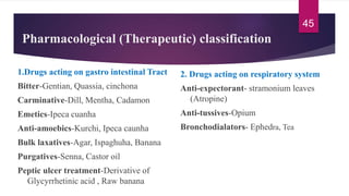Pharmacological (Therapeutic) classification
1.Drugs acting on gastro intestinal Tract
Bitter-Gentian, Quassia, cinchona
Carminative-Dill, Mentha, Cadamon
Emetics-Ipeca cuanha
Anti-amoebics-Kurchi, Ipeca caunha
Bulk laxatives-Agar, Ispaghuha, Banana
Purgatives-Senna, Castor oil
Peptic ulcer treatment-Derivative of
Glycyrrhetinic acid , Raw banana
2. Drugs acting on respiratory system
Anti-expectorant- stramonium leaves
(Atropine)
Anti-tussives-Opium
Bronchodialators- Ephedra, Tea
45
 