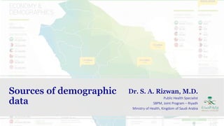 Sources of demographic
data
Dr. S. A. Rizwan, M.D.
Public Health Specialist
SBPM, Joint Program – Riyadh
Ministry of Health, Kingdom of Saudi Arabia
 