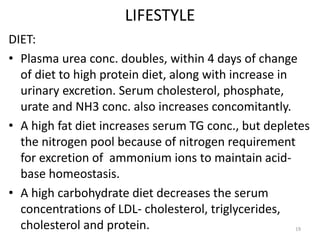 LIFESTYLE
DIET:
• Plasma urea conc. doubles, within 4 days of change
of diet to high protein diet, along with increase in
urinary excretion. Serum cholesterol, phosphate,
urate and NH3 conc. also increases concomitantly.
• A high fat diet increases serum TG conc., but depletes
the nitrogen pool because of nitrogen requirement
for excretion of ammonium ions to maintain acid-
base homeostasis.
• A high carbohydrate diet decreases the serum
concentrations of LDL- cholesterol, triglycerides,
cholesterol and protein. 19
 