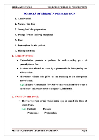 PHARMACEUTICS-II SOURCES OF ERROR IN PRESCRIPTION
M.NITHYA, B.PHARM, LECTURER, JKKMIHSCP. Page 1
SOURCES OF ERROR IN PRESCRIPTION
1. Abbreviation
2. Name of the drug
3. Strength of the preparation
4. Dosage form of the drug prescribed
5. Dose
6. Instructions for the patient
7. Incompatibilities
1. ABBREVIATION
 Abbreviation presents a problem in understanding parts of
prescription order.
 Extreme care should be taken by a pharmacist in interpreting the
abbreviation.
 Pharmacist should not guess at the meaning of an ambiguous
abbreviation.
E.g: Dispense Achromycin for “Achro” may cause difficulty when a
intention of the prescriber is to dispense Achrostatin.
2. NAME OF THE DRUG
 There are certain drugs whose name look or sound like those of
other drugs.
E.g: Digitoxin Digoxin
Prednisone Prednisolone
 