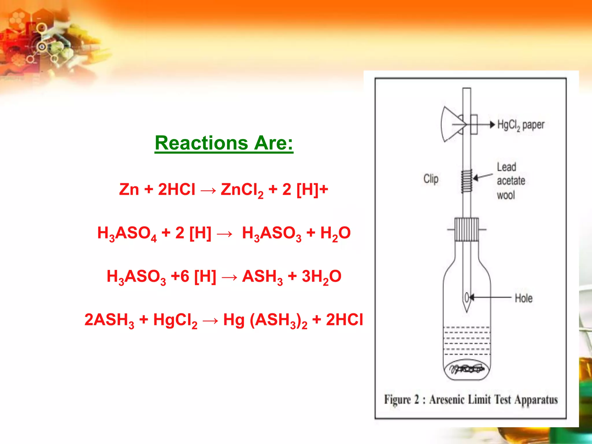 Reactions Are:
Zn + 2HCl → ZnCl2 + 2 [H]+
H3ASO4 + 2 [H] → H3ASO3 + H2O
H3ASO3 +6 [H] → ASH3 + 3H2O
2ASH3 + HgCl2 → Hg (ASH3)2 + 2HCl
 