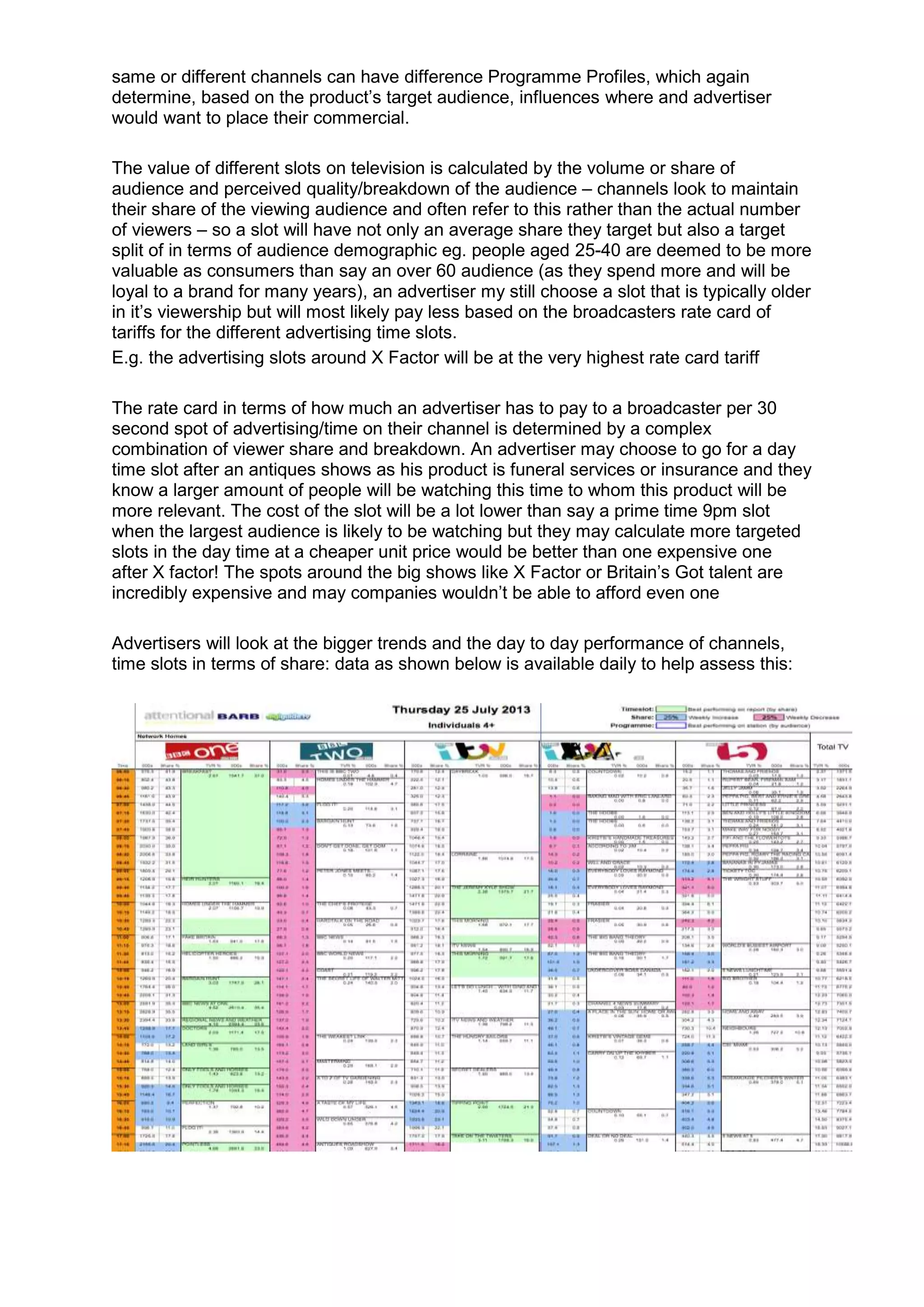same or different channels can have difference Programme Profiles, which again
determine, based on the product’s target audience, influences where and advertiser
would want to place their commercial.
The value of different slots on television is calculated by the volume or share of
audience and perceived quality/breakdown of the audience – channels look to maintain
their share of the viewing audience and often refer to this rather than the actual number
of viewers – so a slot will have not only an average share they target but also a target
split of in terms of audience demographic eg. people aged 25-40 are deemed to be more
valuable as consumers than say an over 60 audience (as they spend more and will be
loyal to a brand for many years), an advertiser my still choose a slot that is typically older
in it’s viewership but will most likely pay less based on the broadcasters rate card of
tariffs for the different advertising time slots.
E.g. the advertising slots around X Factor will be at the very highest rate card tariff
The rate card in terms of how much an advertiser has to pay to a broadcaster per 30
second spot of advertising/time on their channel is determined by a complex
combination of viewer share and breakdown. An advertiser may choose to go for a day
time slot after an antiques shows as his product is funeral services or insurance and they
know a larger amount of people will be watching this time to whom this product will be
more relevant. The cost of the slot will be a lot lower than say a prime time 9pm slot
when the largest audience is likely to be watching but they may calculate more targeted
slots in the day time at a cheaper unit price would be better than one expensive one
after X factor! The spots around the big shows like X Factor or Britain’s Got talent are
incredibly expensive and may companies wouldn’t be able to afford even one
Advertisers will look at the bigger trends and the day to day performance of channels,
time slots in terms of share: data as shown below is available daily to help assess this:
 
