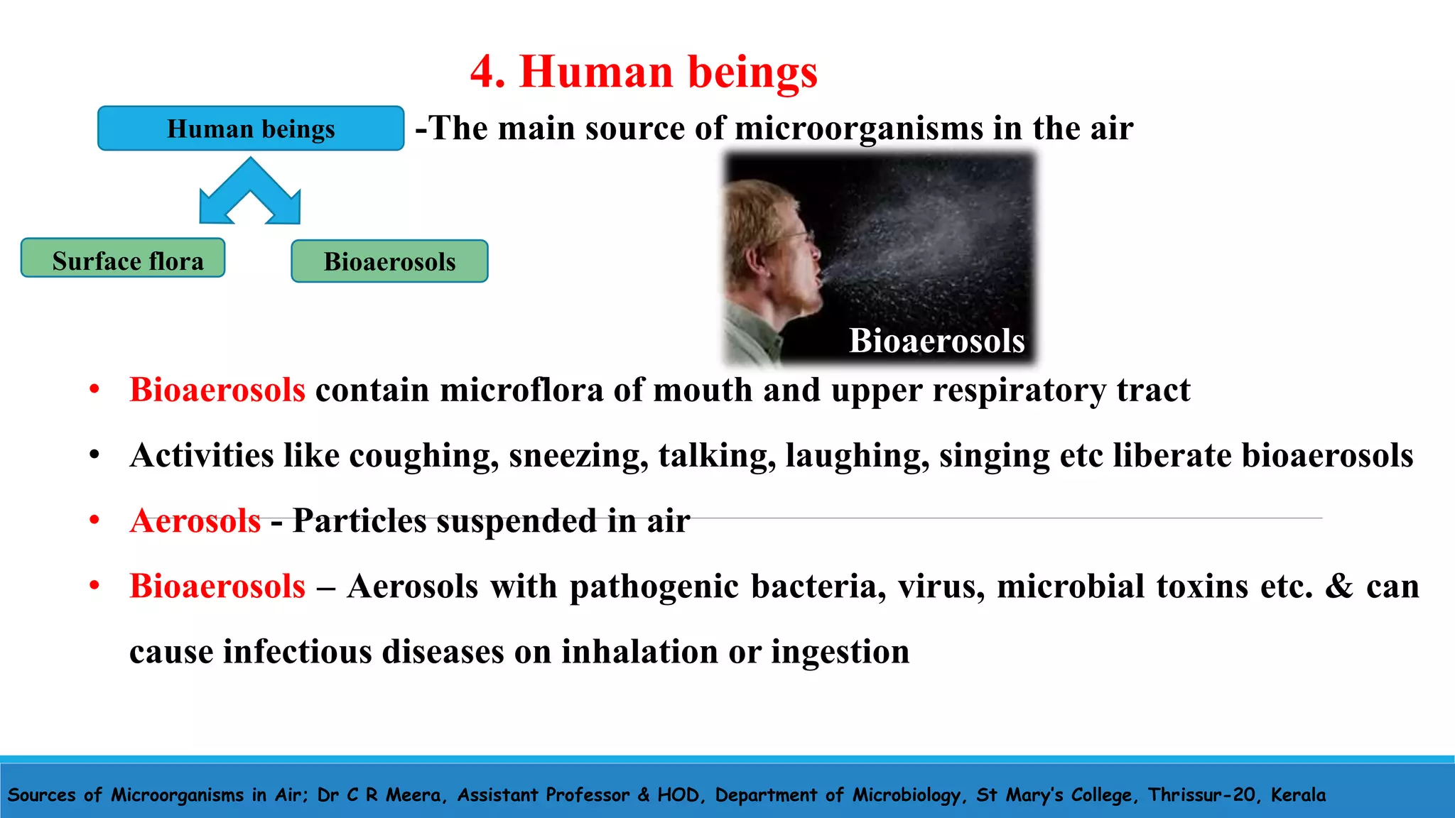 Sources of Microorganisms in Air; Dr C R Meera, Assistant Professor & HOD, Department of Microbiology, St Mary’s College, Thrissur-20, Kerala
-The main source of microorganisms in the air
• Bioaerosols contain microflora of mouth and upper respiratory tract
• Activities like coughing, sneezing, talking, laughing, singing etc liberate bioaerosols
• Aerosols - Particles suspended in air
• Bioaerosols – Aerosols with pathogenic bacteria, virus, microbial toxins etc. & can
cause infectious diseases on inhalation or ingestion
4. Human beings
Human beings
Surface flora Bioaerosols
Bioaerosols
 